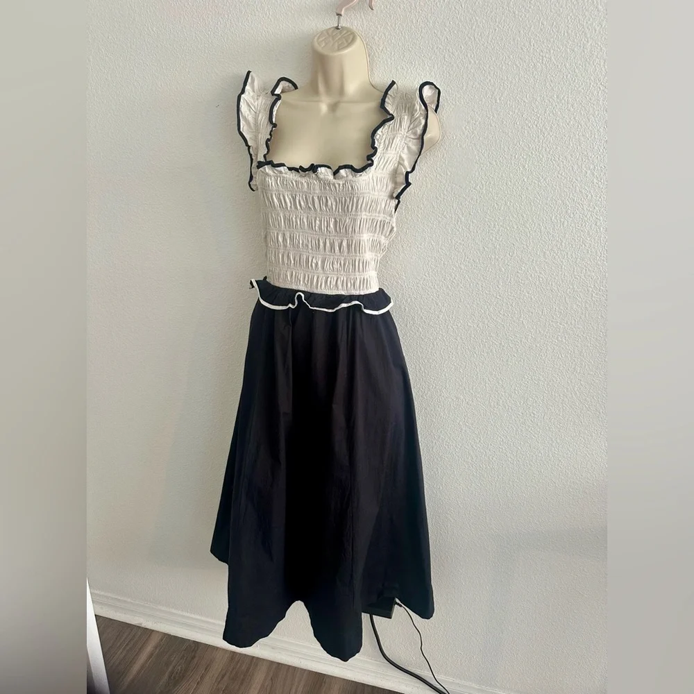 Free People Black and Cream Smocked Midi Dress